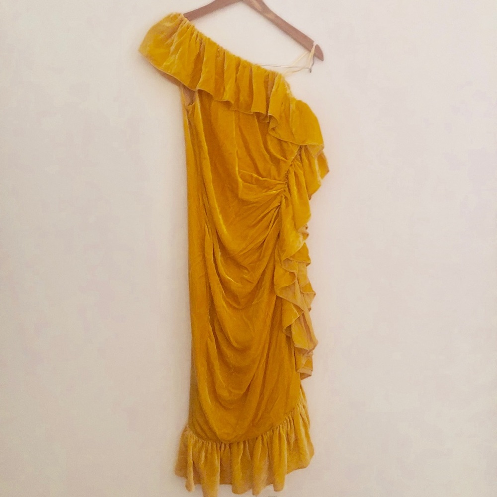 Yellow velvet one shoulder ruffle dress